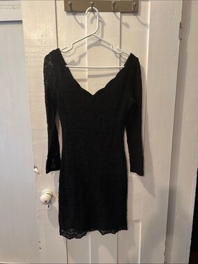 Vintage 90s Little Black Lace Mini Dress Long Sleeves LBD Dramatix 1990 Retro